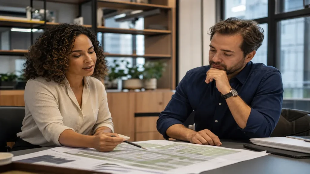 Guia para comprar terrenos comerciais sp com segurança 1 Empresário avaliando terrenos comerciais sp em São Paulo para investimento seguro com profissional brasileiro