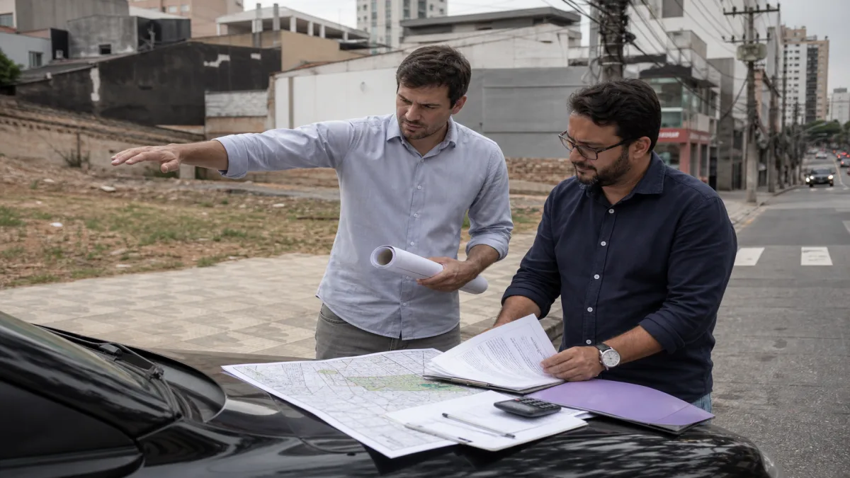 investidor e engenheiro analisando terreno para prédio com plantas e topografia em avenida de São Paulo