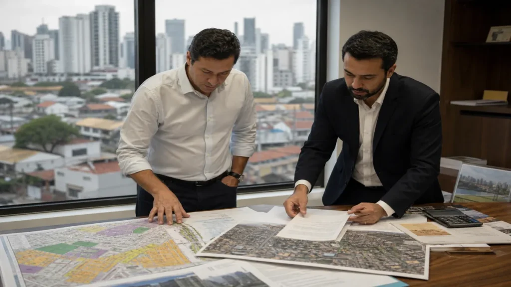 Investimento em Terrenos Vale a Pena: 5 Vantagens 2 Especialista revisando documentos de quando contratar corretor de imóveis, advogado e técnico relacionados à investimento.
