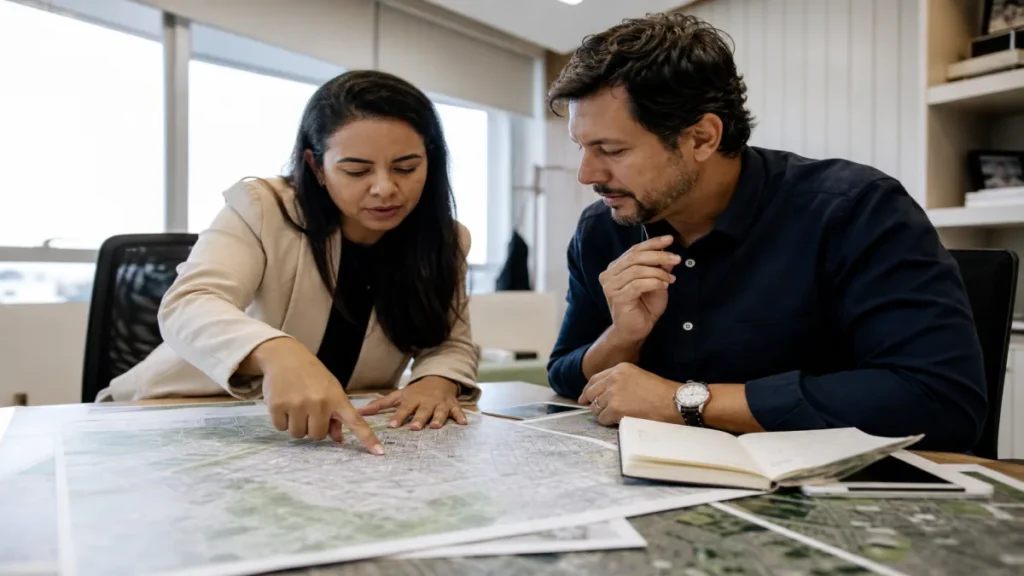 Equipe discutindo localização para comércio valorizada em são paulo como parte da estratégia de terreno comercial em reunião.