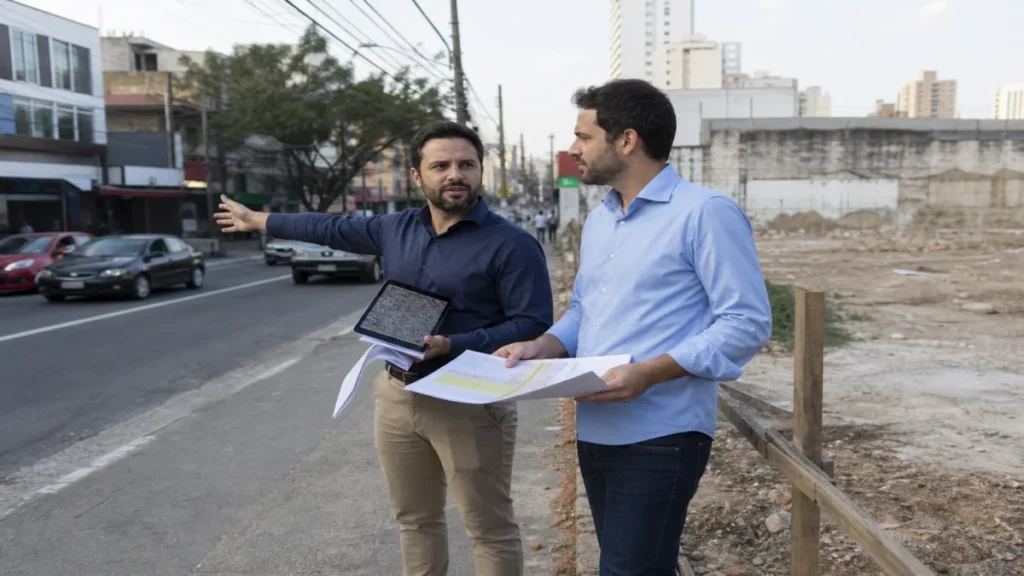 Especialista revisando documentos de quando o m² mais barato sai mais caro relacionados à terreno comercial em mesa de.