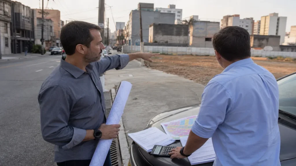 7 perguntas antes de comprar terreno para prédio 2 Especialista revisando documentos de como identificar a melhor infraestrutura de água e esgoto relacionados à terreno.