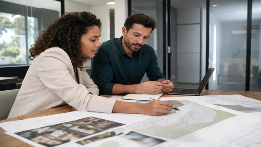 7 perguntas antes de comprar terreno para prédio 1 Equipe discutindo como medir a declividade do terreno para construção como parte da estratégia de terreno para prédio em.