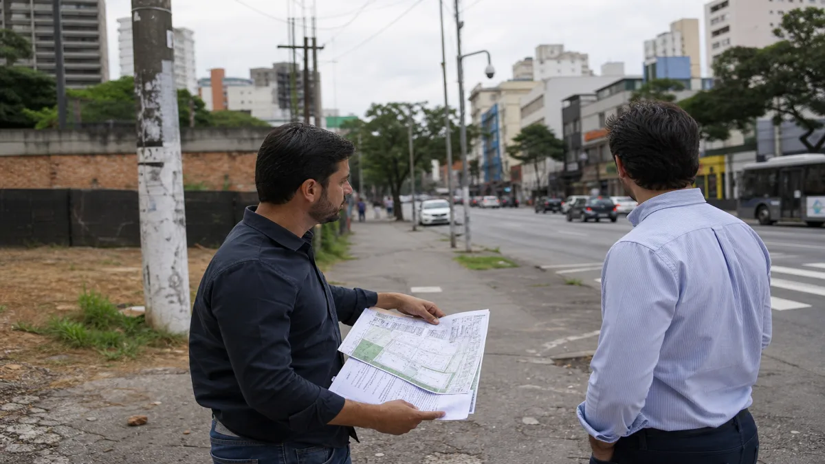 equipe avaliando terreno para rede comercial em avenida de São Paulo com fluxo viário e fachadas no entorno
