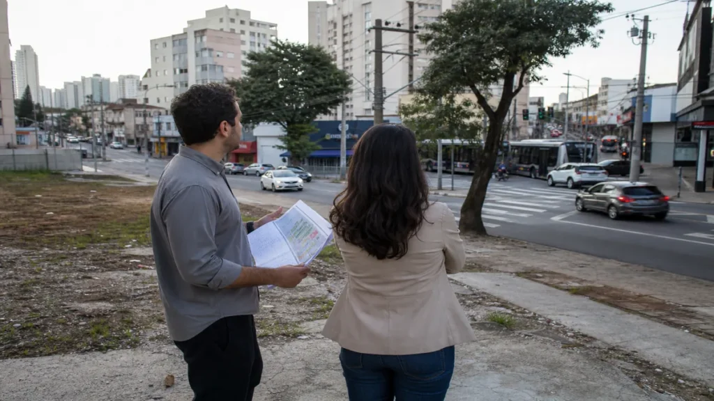 Terreno para rede comercial: fluxo, acessos e potencial da região 2 Especialista revisando documentos de infraestrutura de vias, transporte e serviços urbanos no entorno relacionados à.