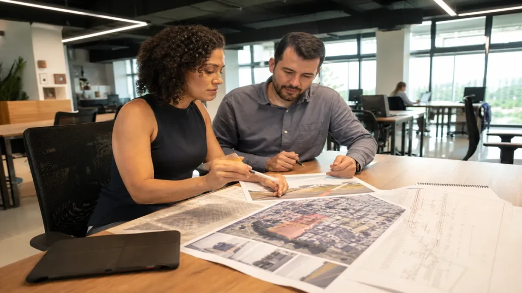 Terreno para rede comercial: fluxo, acessos e potencial da região 1 Equipe discutindo testada, esquina, retorno e sentido da via como parte da estratégia de terreno para rede comercial em.