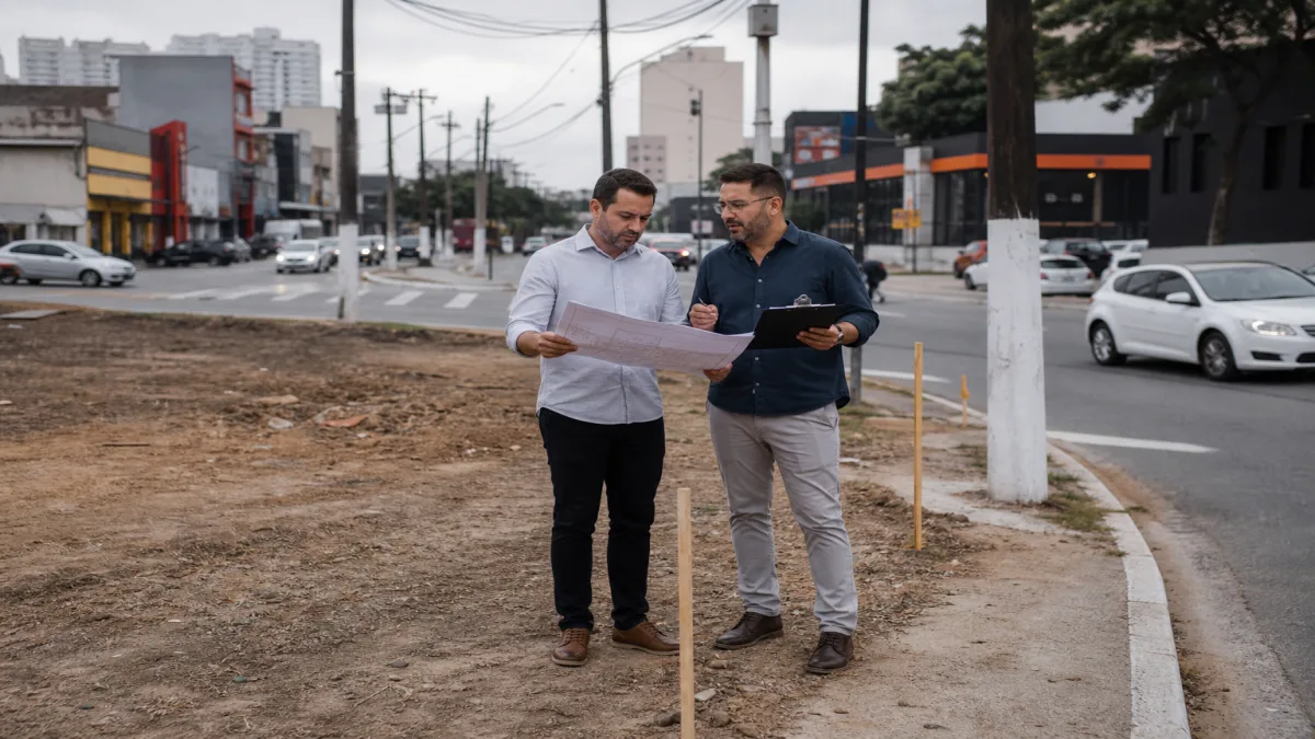investidor analisa terreno para restaurante com planta e mapa viário em lote comercial urbano