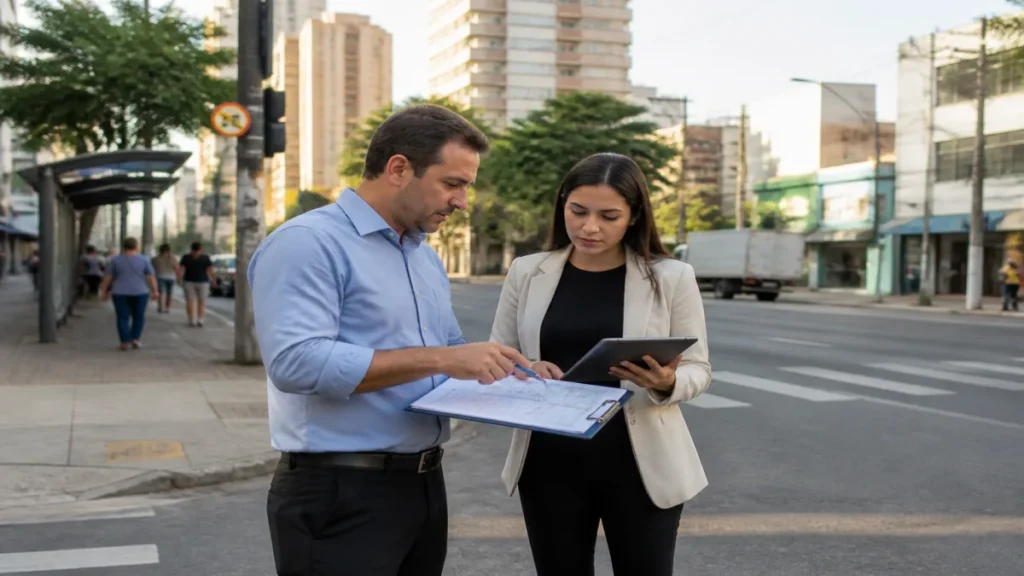 Terrenos para mercados em localização estratégica: foco em fluxo e demanda 2 Especialista revisando documentos de centro comercial com mercado âncora segue lógica própria relacionados à terrenos.