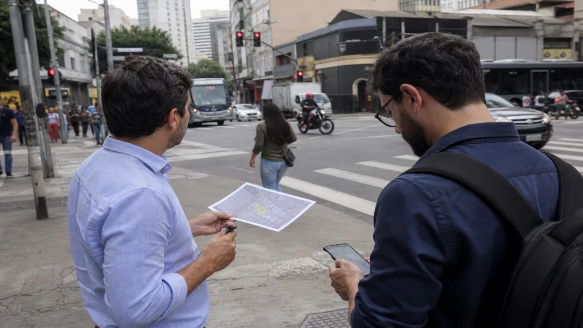 análise de fluxo urbano: Técnico avalia fluxo urbano em esquina movimentada de São Paulo, contando pedestres e a.