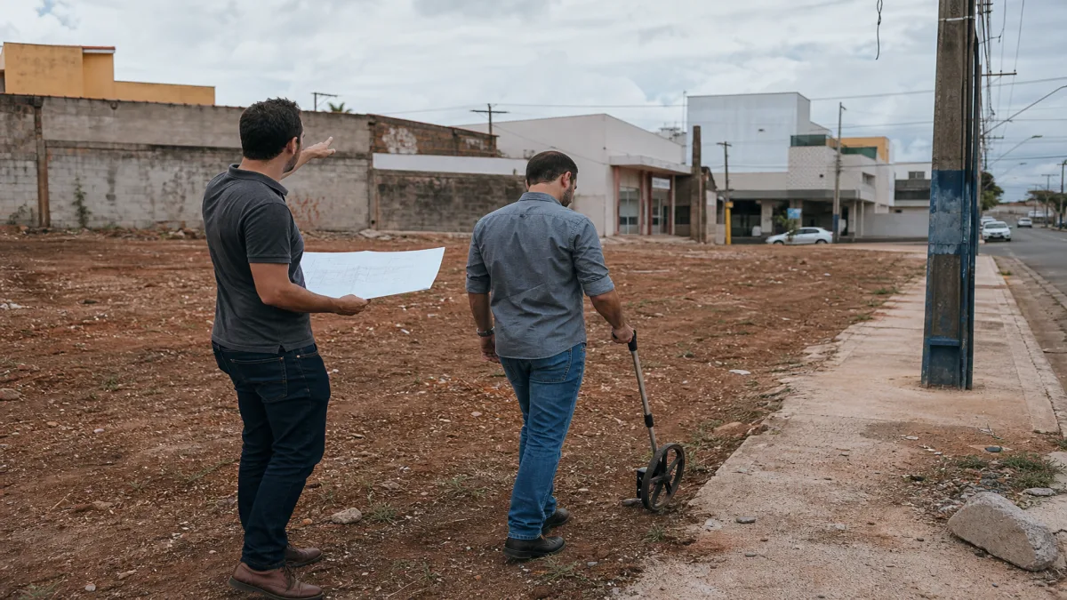 Profissionais realizam vistoria técnica em terreno na zona sul, marcando recuos e analisando implantação comercial