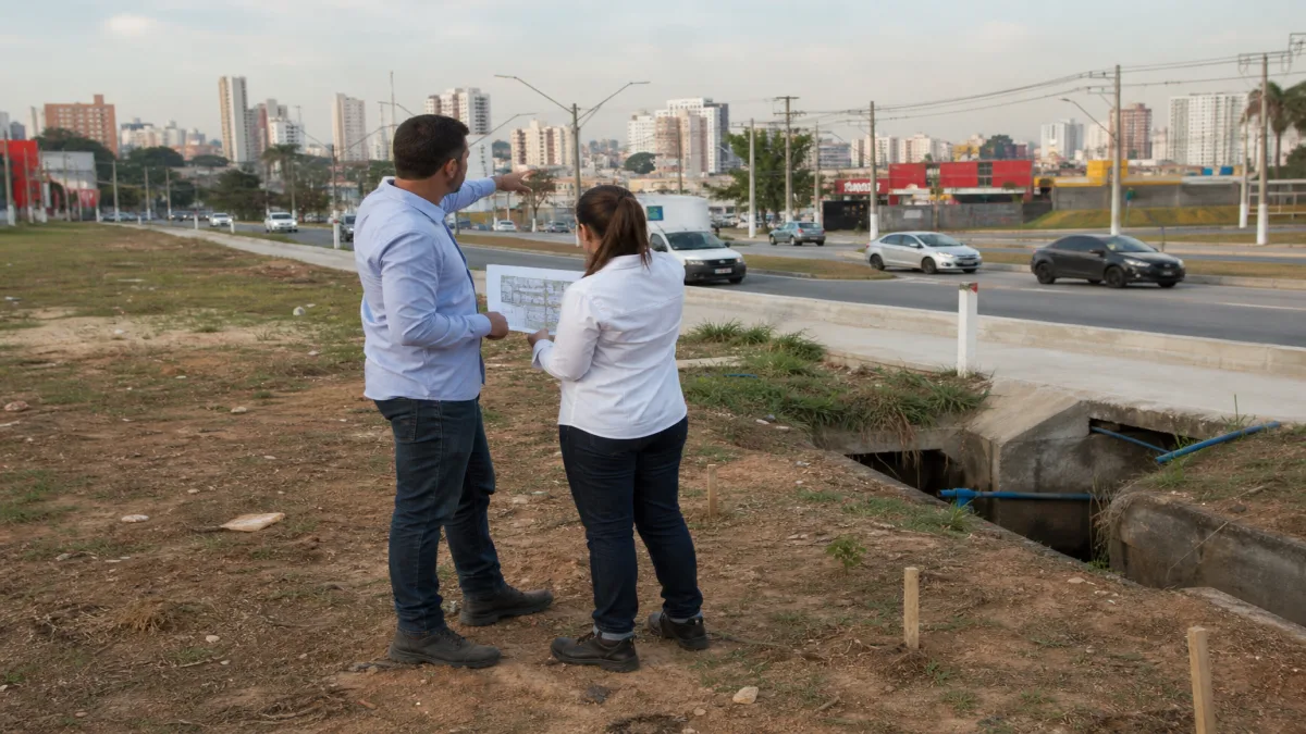 Profissionais realizam vistoria técnica em terreno para atacarejo com acesso viário amplo em São Paulo