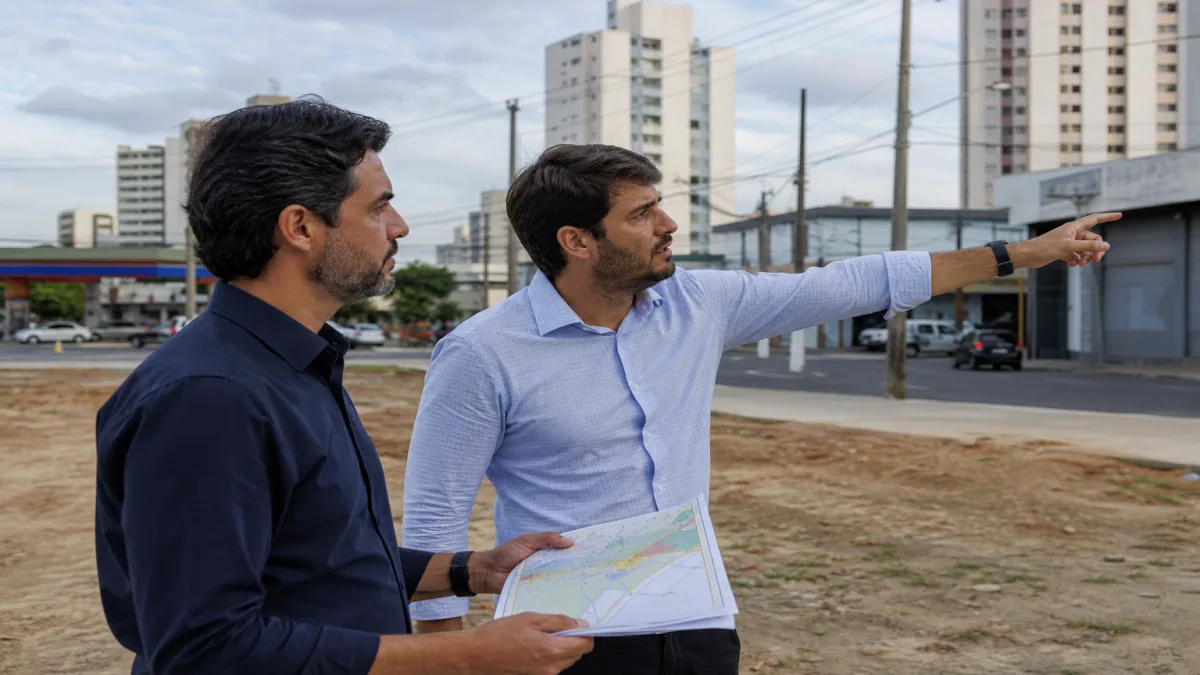 Investidor avalia terreno comercial em São Paulo, analisando mapa e realizando visita técnica para compra versus locação