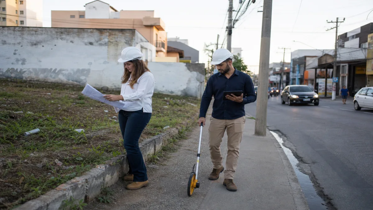 processo de licenciamento: Profissionais inspecionam terreno comercial em São Paulo, analisando documentos e med.