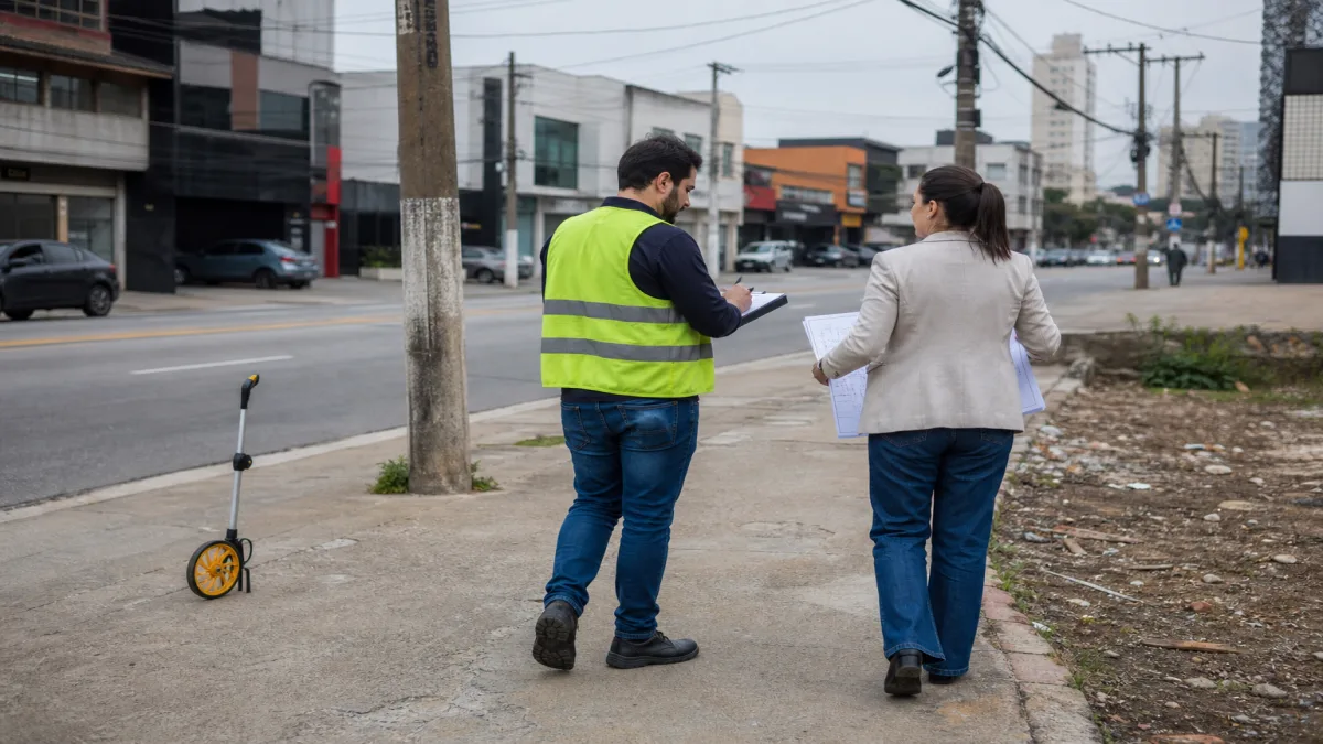 Vistoria técnica em terreno para franquia, com acesso viário e entorno comercial em São Paulo, realizada por dois profissi…