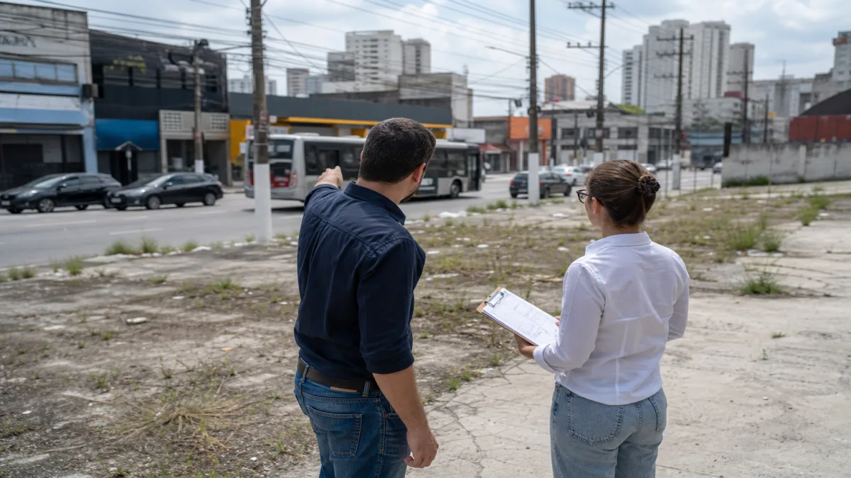 Vistoria técnica em terreno para investimento, com avenida comercial ao fundo em São Paulo